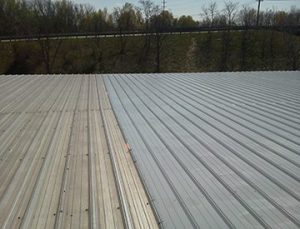 Before and after West Roofing Systems performs silicone restoration on Honeywell Claymont building