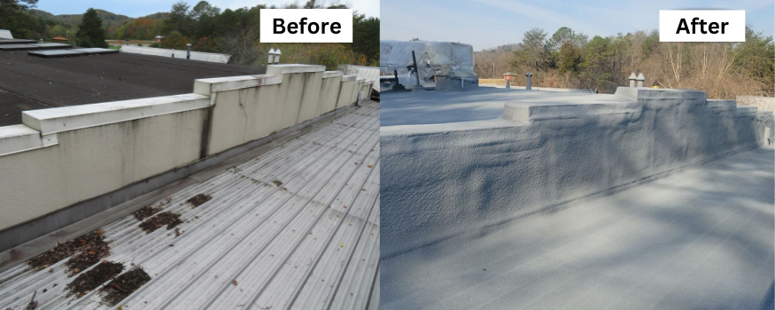 before and after a spray foam roof is installed up a vertical wall