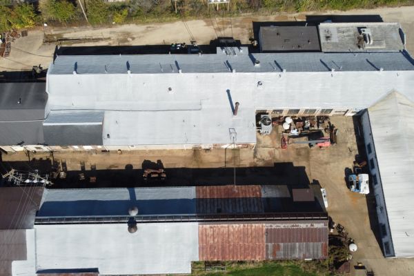 Drone view of the finished spray foam roof completed at Spencer Forge & Manufacturing in Spencer, Ohio.