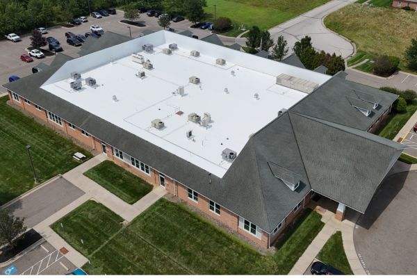 An existing EPDM roof  in Wooster, Ohio was recoated with a silicone roof coating system in 2025.