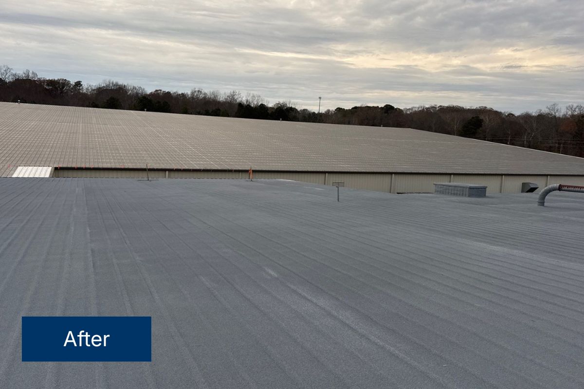 The spray foam roofing system installed over an existing metal roof in Mississippi