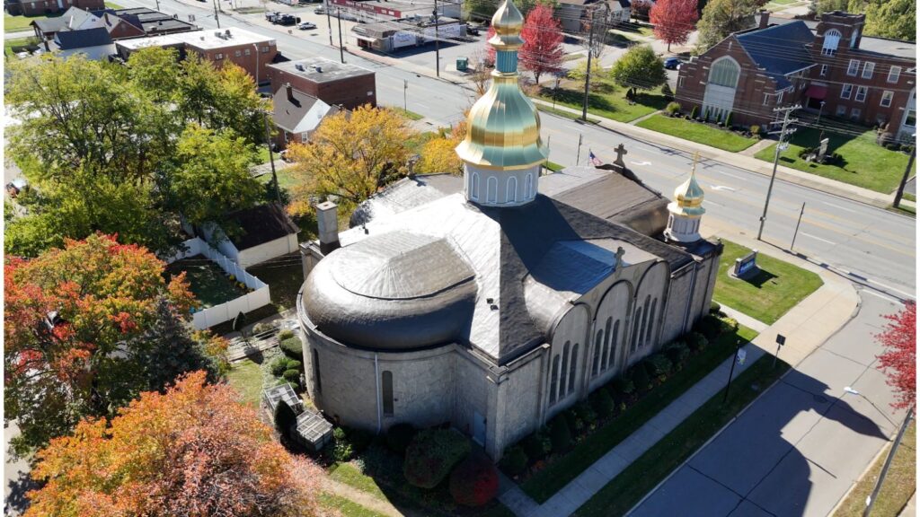 Finished spray foam recoat photo of St. Vladimir's church in Parma, Ohio.