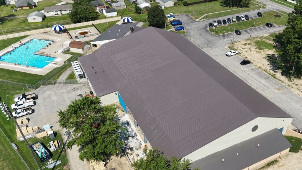 Finished photo of a silicone roof coating system at Elyria Ice Rink in Ohio. Completed in 2025.