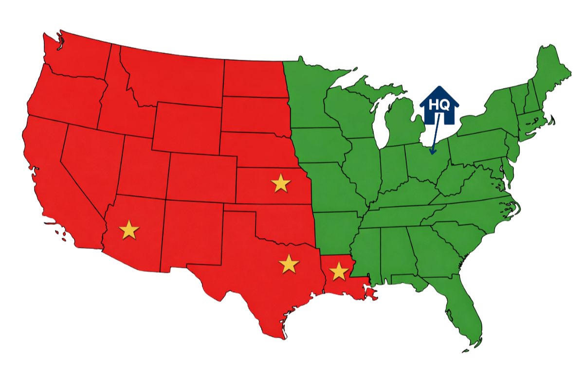 Map of the USA showing where West Roofing Systems does and doesn't work at
